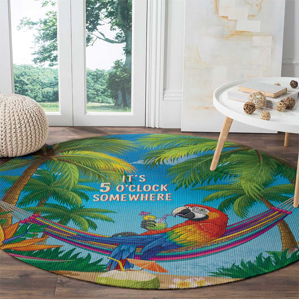 5 Oclock Somewhere Round Carpet Hawaii Parrots Cocktail Summer Beach Vibe - Polynesian Pride