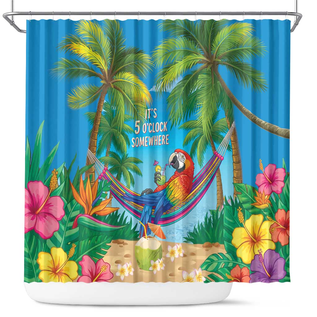 5 Oclock Somewhere Shower Curtain Hawaii Parrots Cocktail Summer Beach Vibe - Polynesian Pride