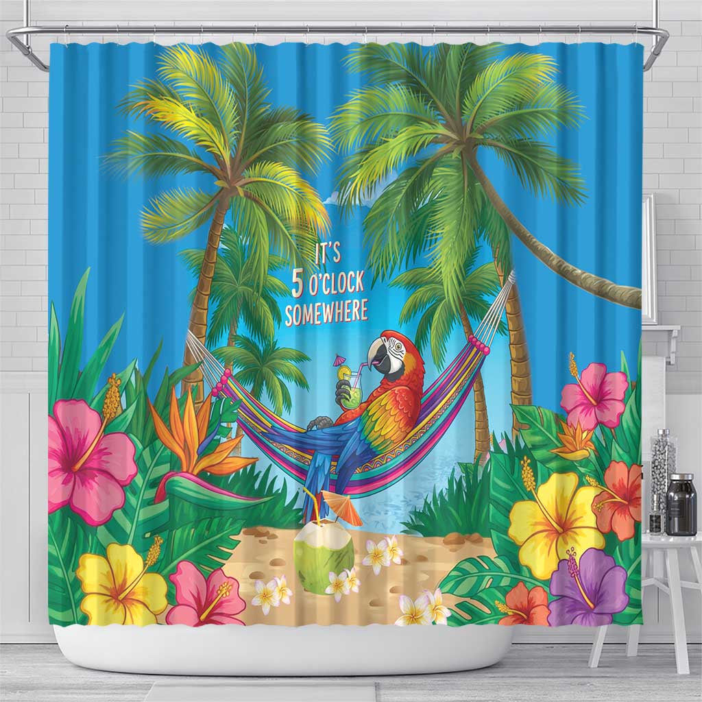 5 Oclock Somewhere Shower Curtain Hawaii Parrots Cocktail Summer Beach Vibe - Polynesian Pride