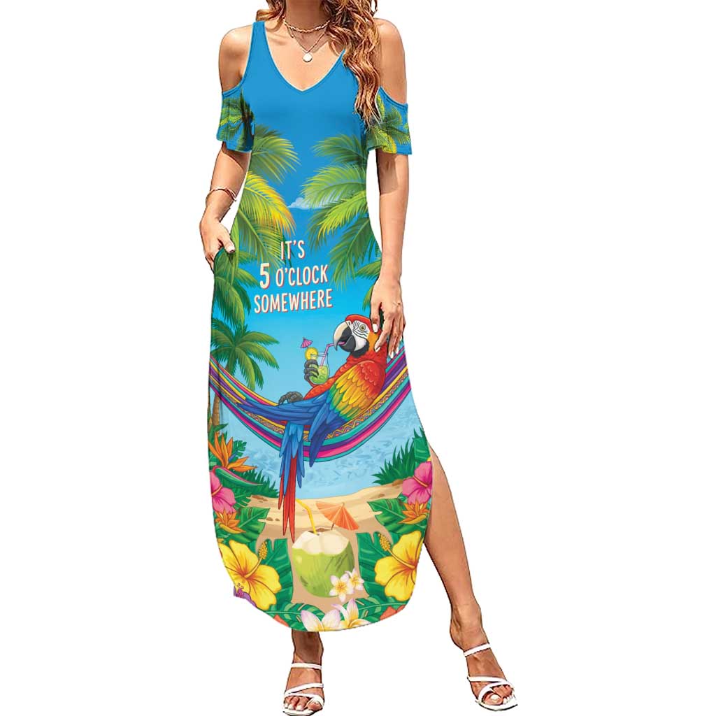 5 Oclock Somewhere Summer Maxi Dress Hawaii Parrots Cocktail Summer Beach Vibe LT9 Women Blue - Polynesian Pride