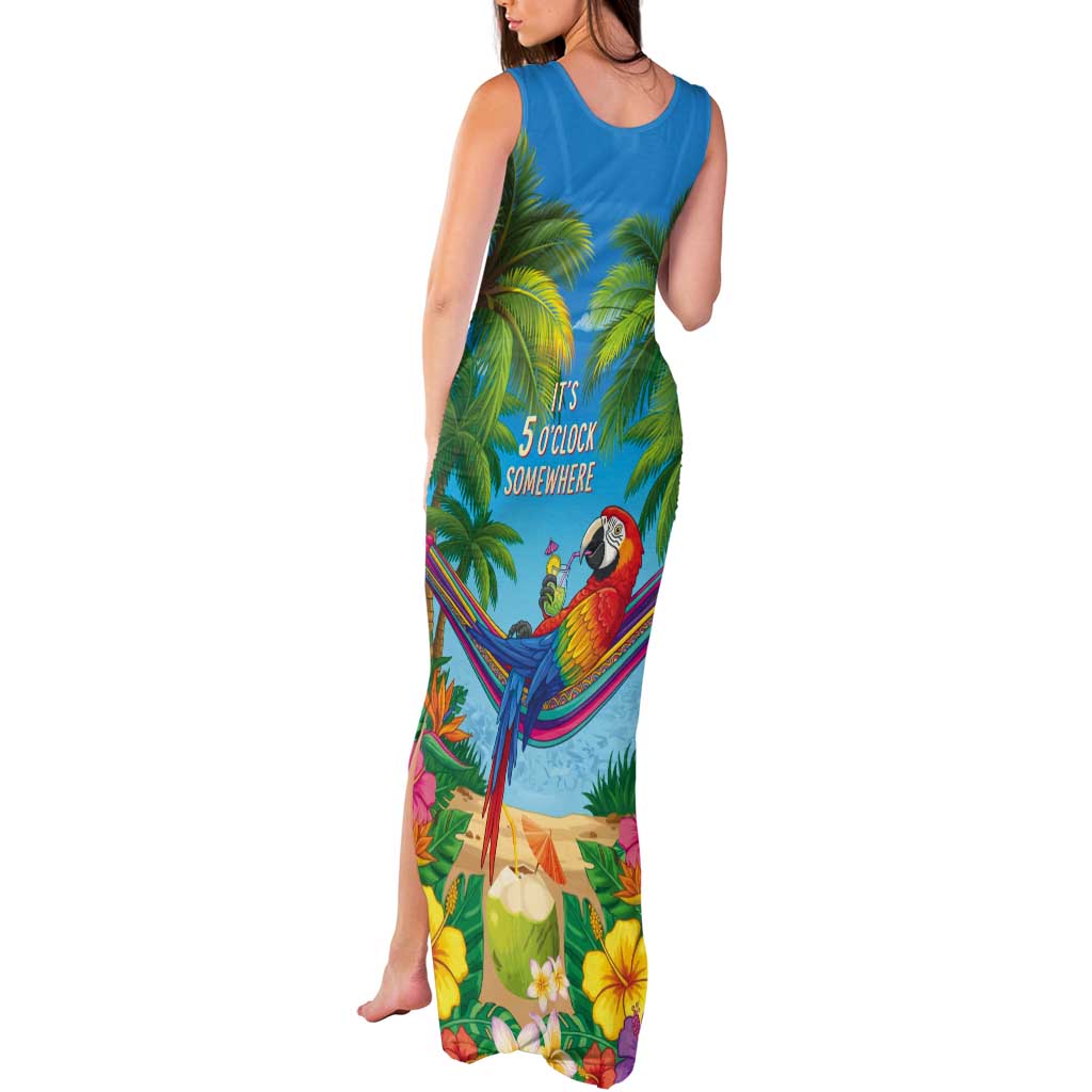 5 Oclock Somewhere Tank Maxi Dress Hawaii Parrots Cocktail Summer Beach Vibe - Polynesian Pride