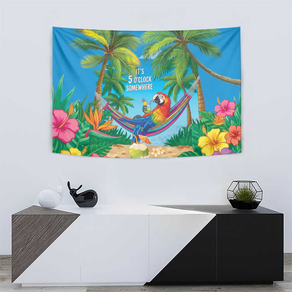 5 Oclock Somewhere Tapestry Hawaii Parrots Cocktail Summer Beach Vibe - Polynesian Pride