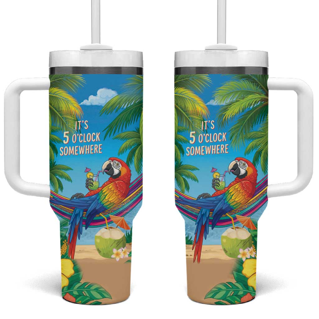 5 Oclock Somewhere Tumbler With Handle Hawaii Parrots Cocktail Summer Beach Vibe - Polynesian Pride
