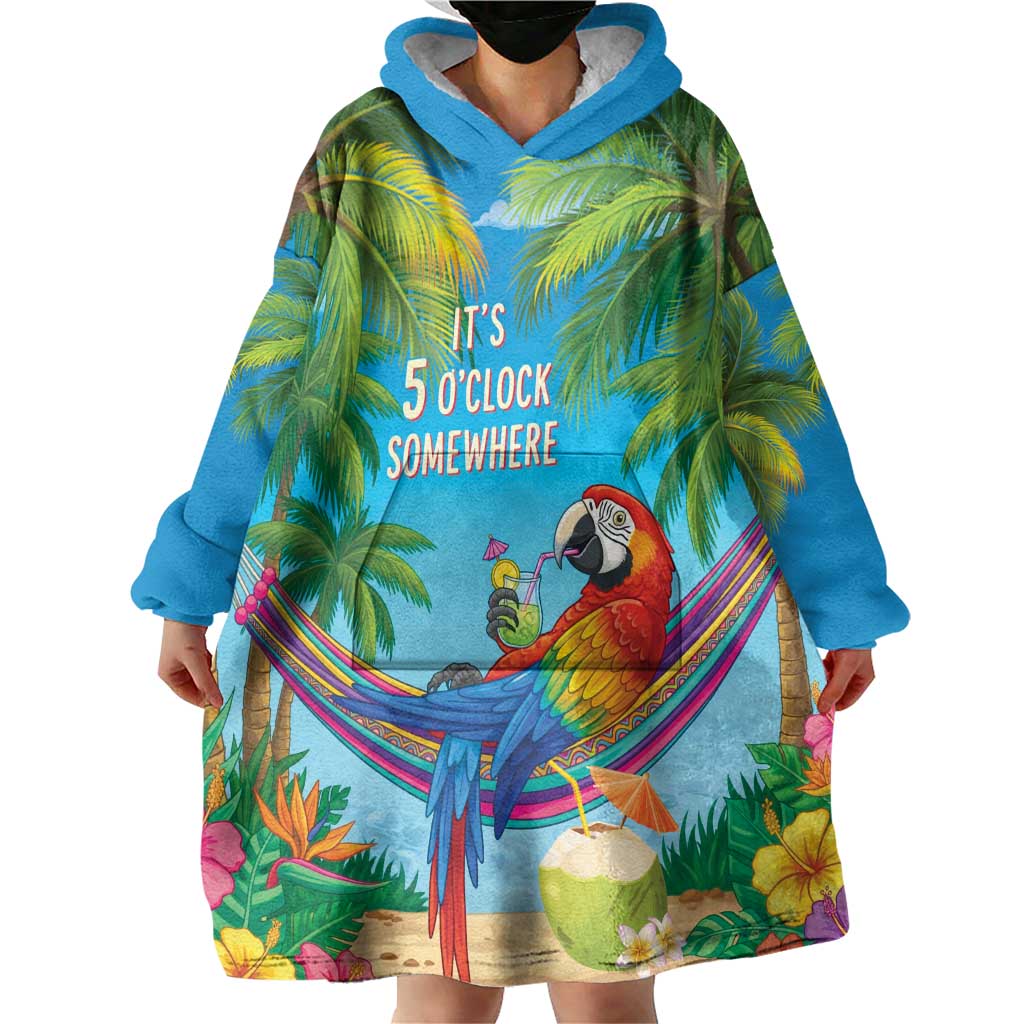 5 Oclock Somewhere Wearable Blanket Hoodie Hawaii Parrots Cocktail Summer Beach Vibe - Polynesian Pride