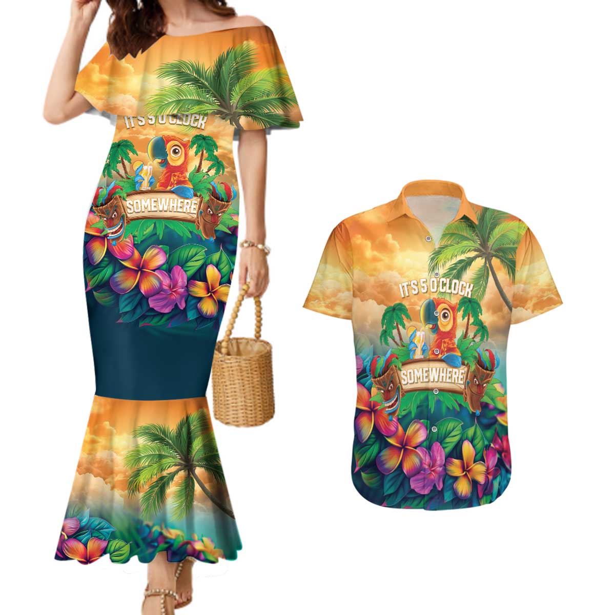 5 Oclock Somewhere Personalized Couples Matching Mermaid Dress and Hawaiian Shirt Hawaii Parrots Plumeria Summer Vibe - Polynesian Pride