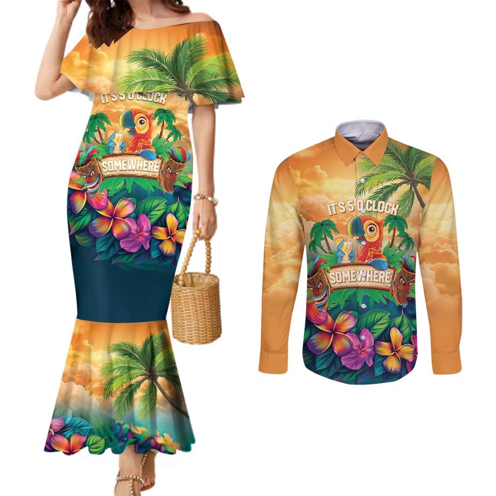 5 Oclock Somewhere Personalized Couples Matching Mermaid Dress and Long Sleeve Button Shirt Hawaii Parrots Plumeria Summer Vibe - Polynesian Pride