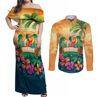 5 Oclock Somewhere Personalized Couples Matching Off Shoulder Maxi Dress and Long Sleeve Button Shirt Hawaii Parrots Plumeria Summer Vibe - Polynesian Pride