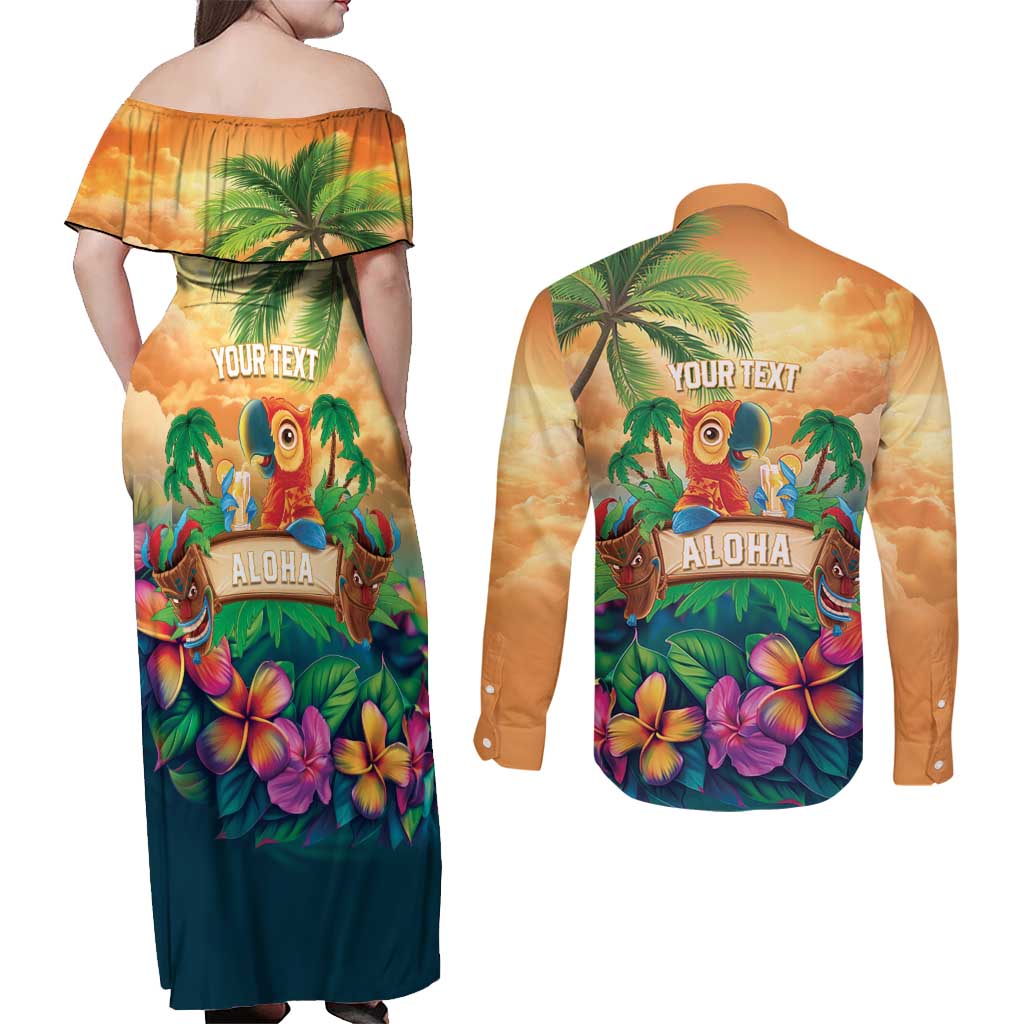 5 Oclock Somewhere Personalized Couples Matching Off Shoulder Maxi Dress and Long Sleeve Button Shirt Hawaii Parrots Plumeria Summer Vibe - Polynesian Pride