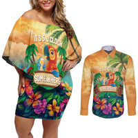 5 Oclock Somewhere Personalized Couples Matching Off Shoulder Short Dress and Long Sleeve Button Shirt Hawaii Parrots Plumeria Summer Vibe - Polynesian Pride