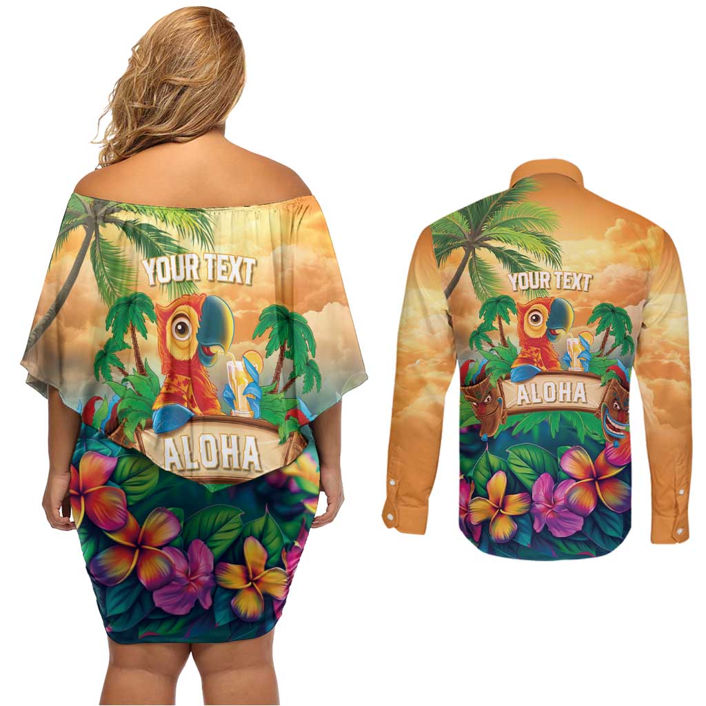 5 Oclock Somewhere Personalized Couples Matching Off Shoulder Short Dress and Long Sleeve Button Shirt Hawaii Parrots Plumeria Summer Vibe - Polynesian Pride