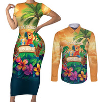 5 Oclock Somewhere Personalized Couples Matching Short Sleeve Bodycon Dress and Long Sleeve Button Shirt Hawaii Parrots Plumeria Summer Vibe - undefined