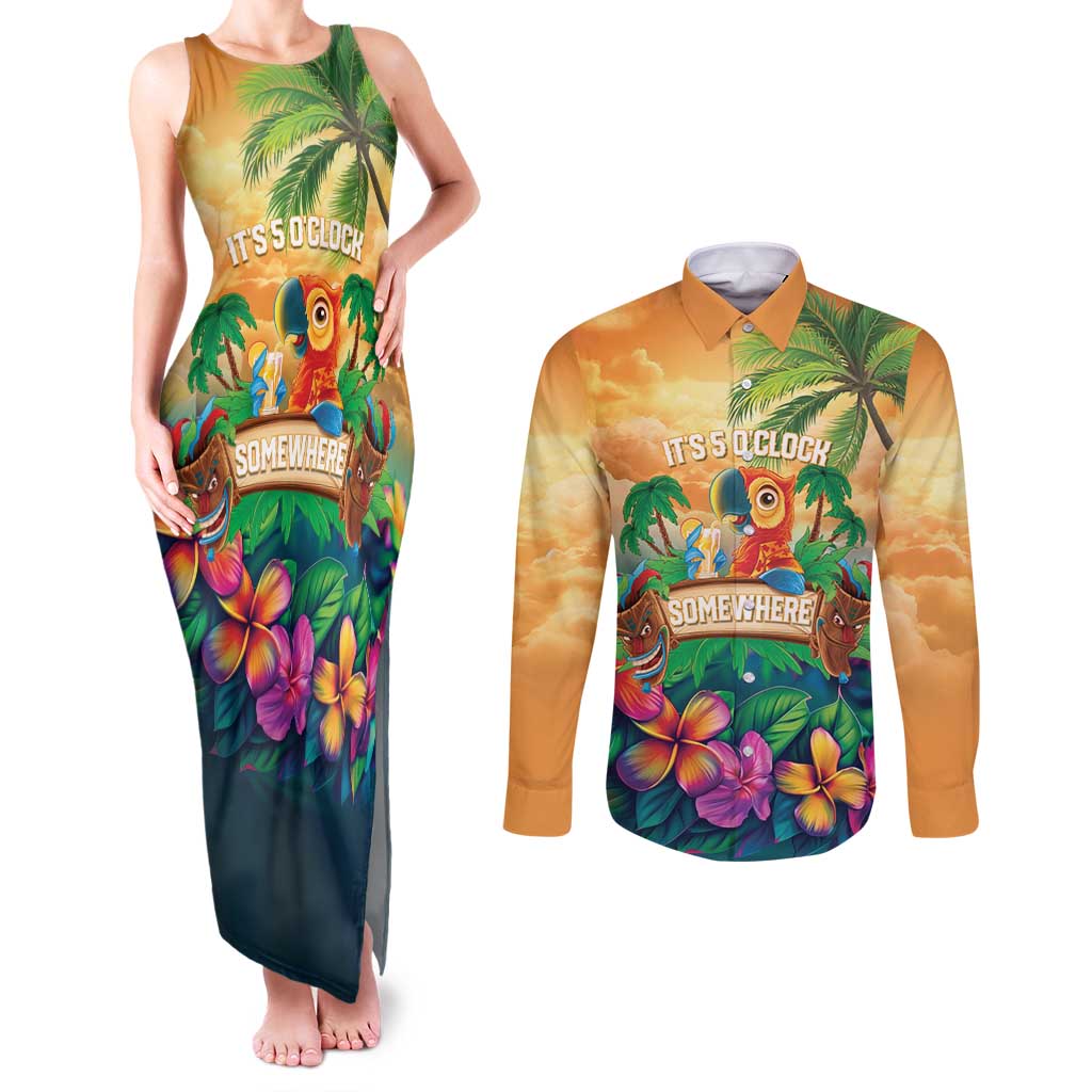 5 Oclock Somewhere Personalized Couples Matching Tank Maxi Dress and Long Sleeve Button Shirt Hawaii Parrots Plumeria Summer Vibe - Polynesian Pride