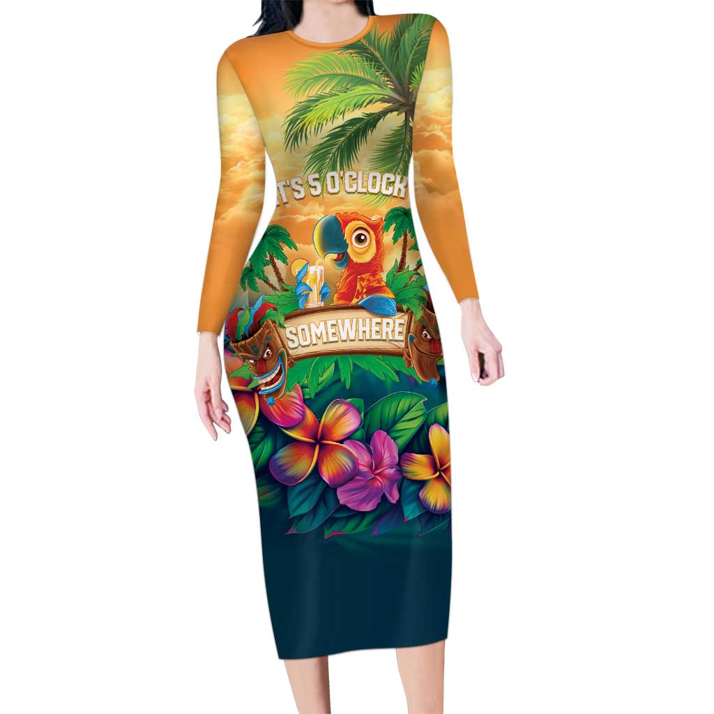 5 Oclock Somewhere Personalized Family Matching Long Sleeve Bodycon Dress and Hawaiian Shirt Hawaii Parrots Plumeria Summer Vibe - Polynesian Pride