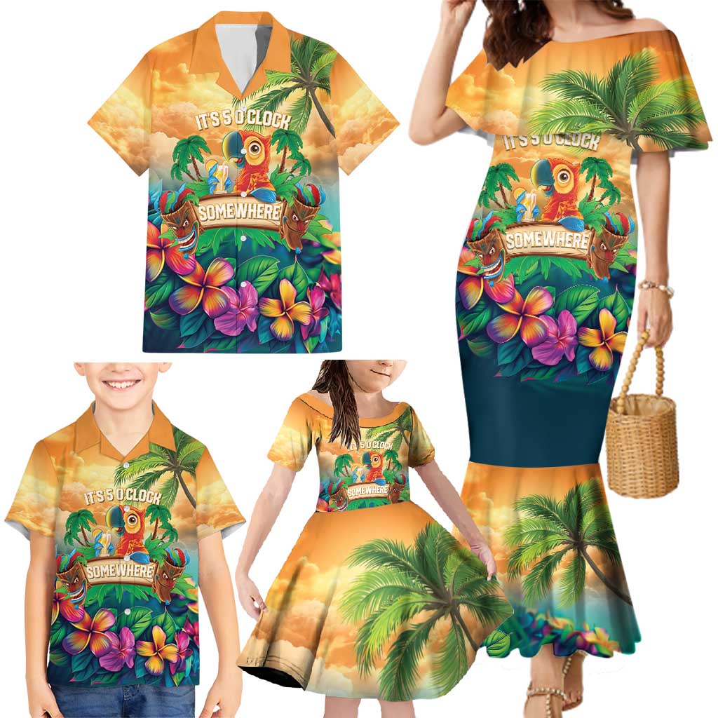 5 Oclock Somewhere Personalized Family Matching Mermaid Dress and Hawaiian Shirt Hawaii Parrots Plumeria Summer Vibe - Polynesian Pride