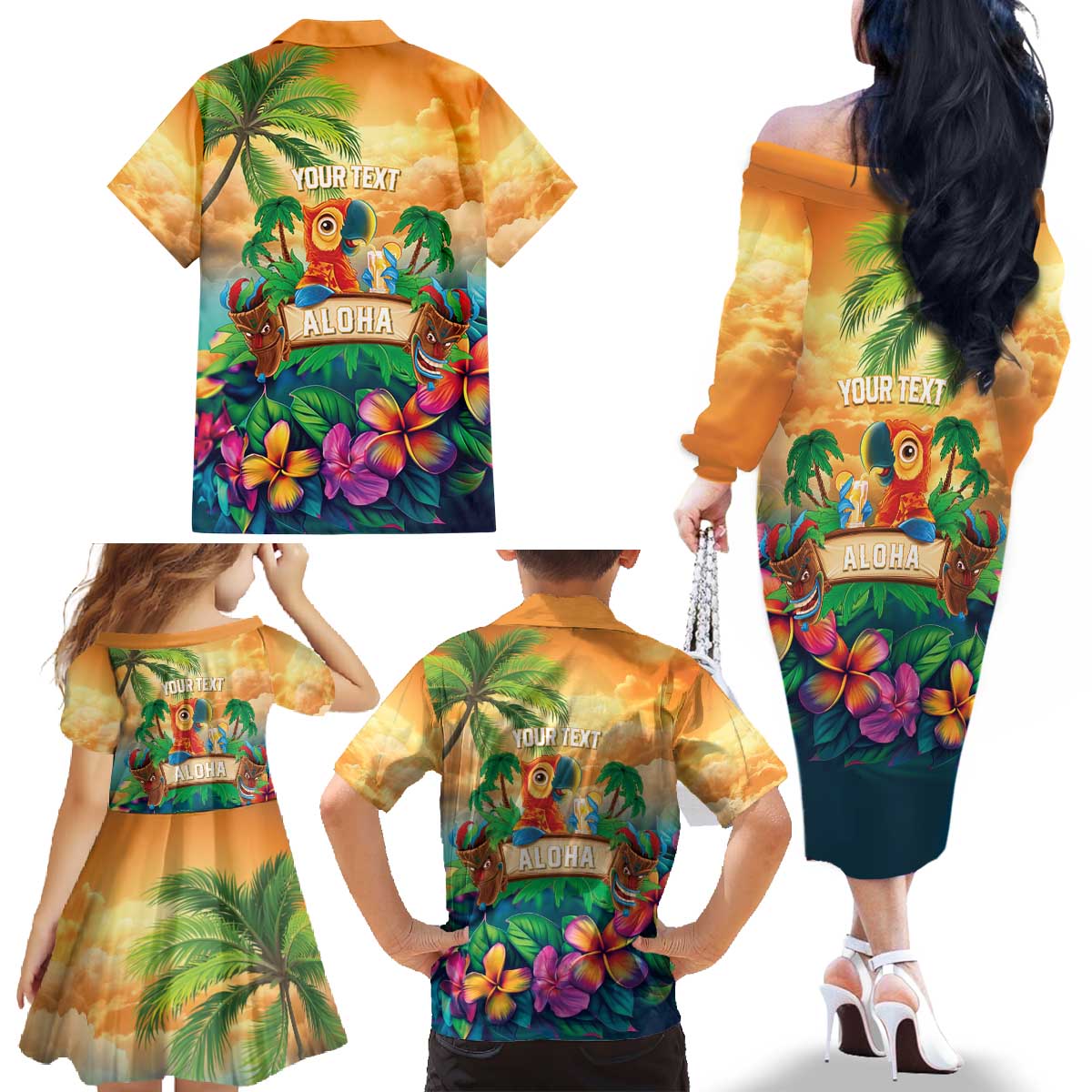 5 Oclock Somewhere Personalized Family Matching Off The Shoulder Long Sleeve Dress and Hawaiian Shirt Hawaii Parrots Plumeria Summer Vibe - Polynesian Pride