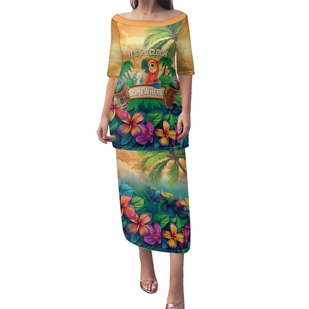 5 Oclock Somewhere Personalized Family Matching Puletasi and Hawaiian Shirt Hawaii Parrots Plumeria Summer Vibe - Polynesian Pride