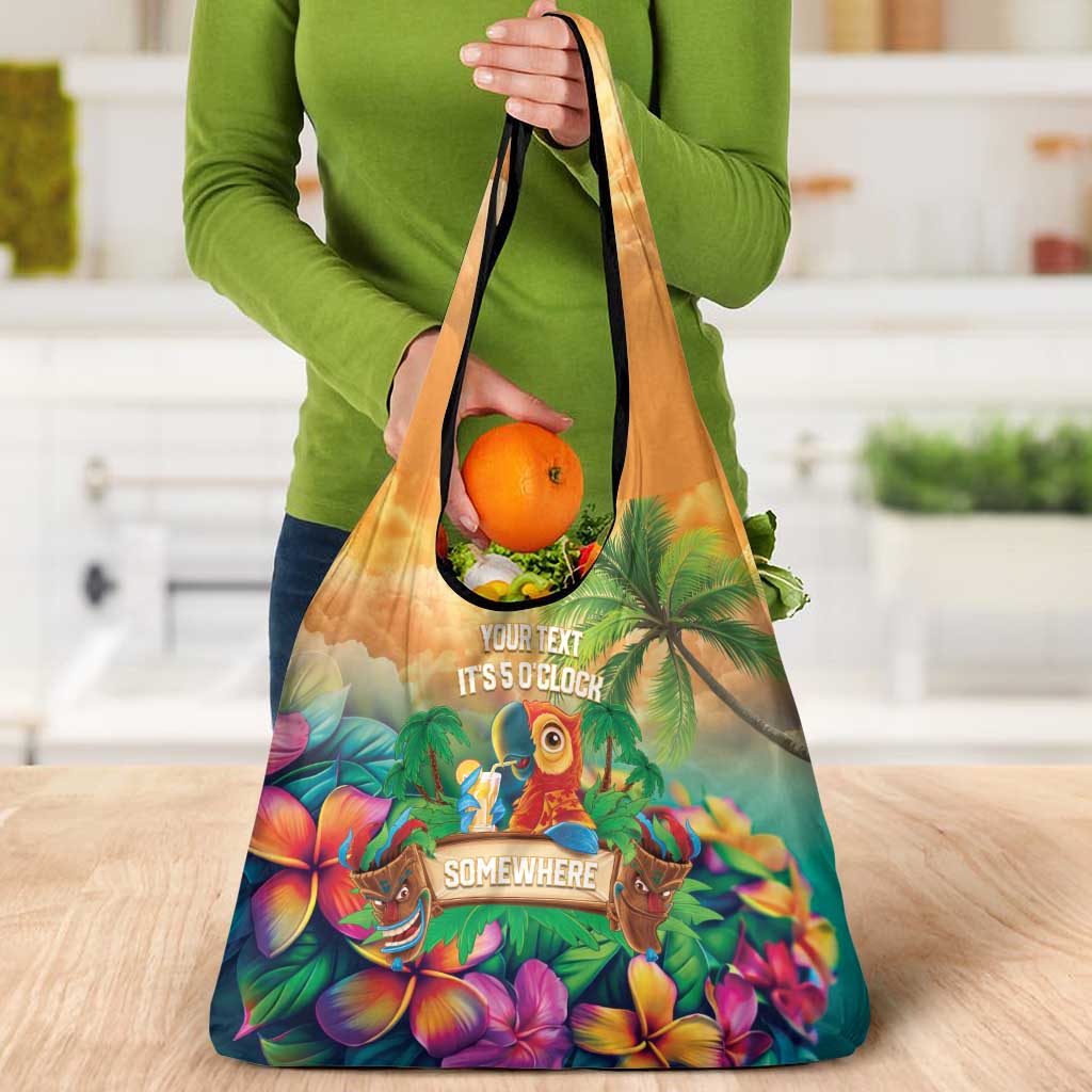 5 Oclock Somewhere Personalized Grocery Bag Hawaii Parrots Plumeria Summer Vibe - Polynesian Pride