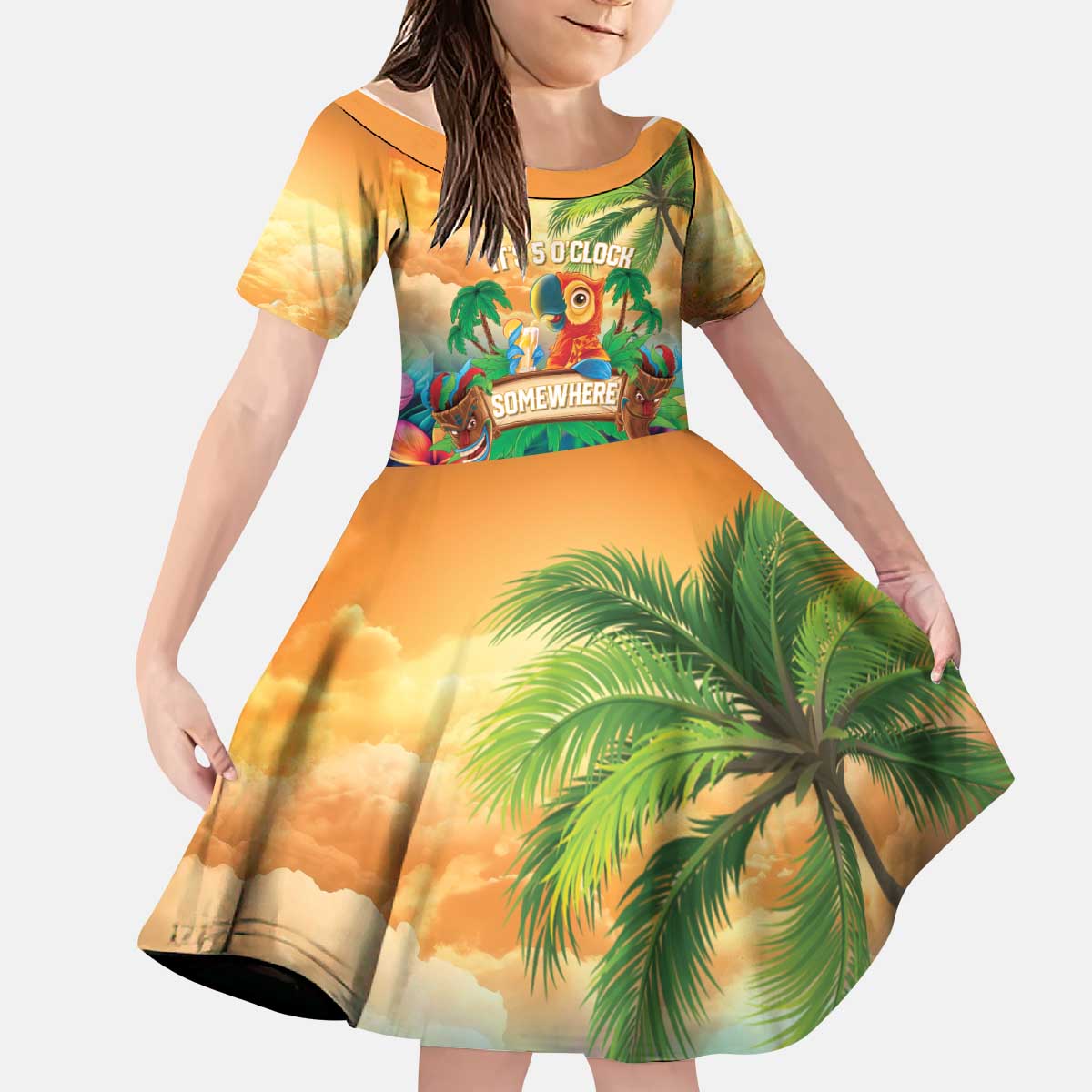 5 Oclock Somewhere Personalized Kid Short Sleeve Dress Hawaii Parrots Plumeria Summer Vibe - Polynesian Pride