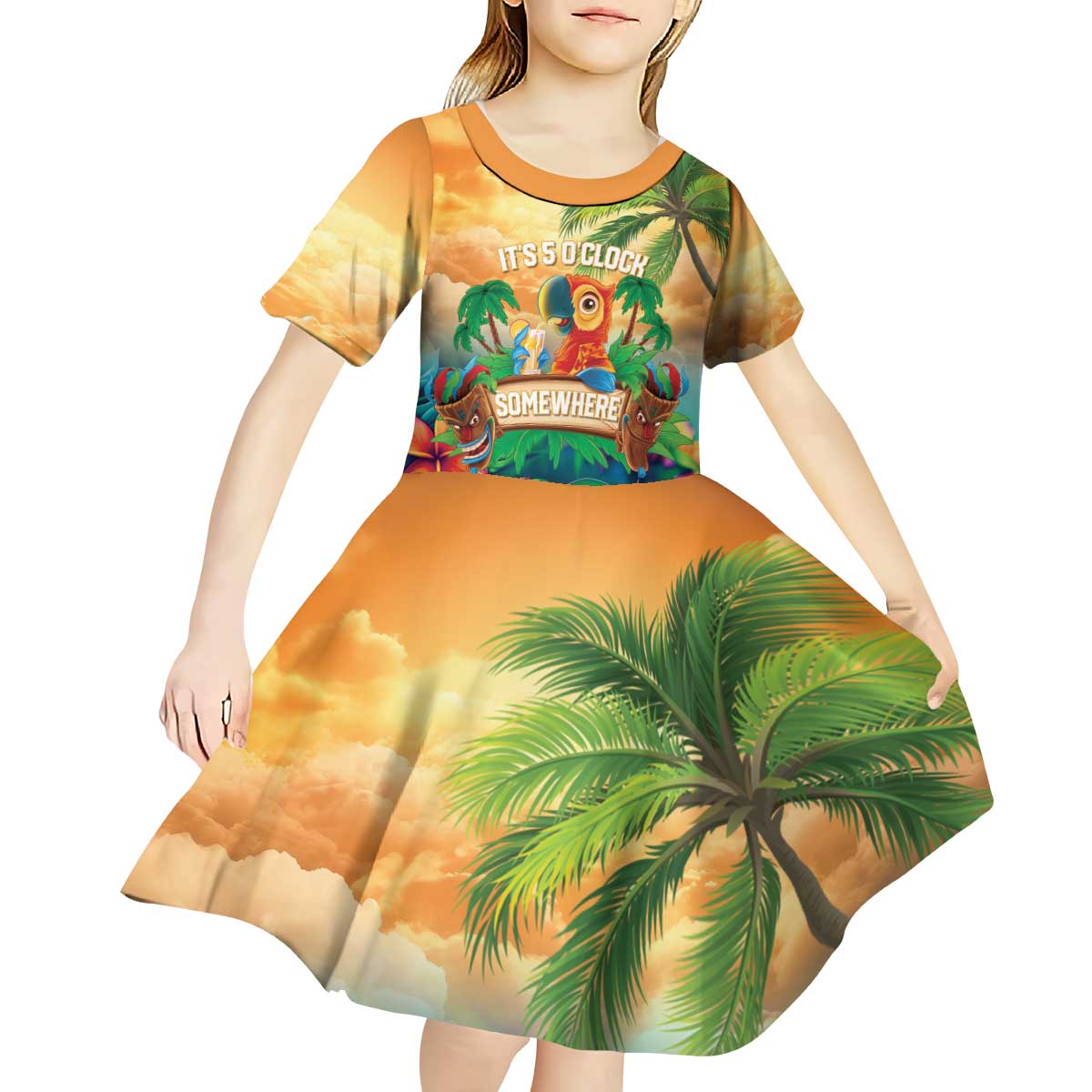 5 Oclock Somewhere Personalized Kid Short Sleeve Dress Hawaii Parrots Plumeria Summer Vibe - Polynesian Pride