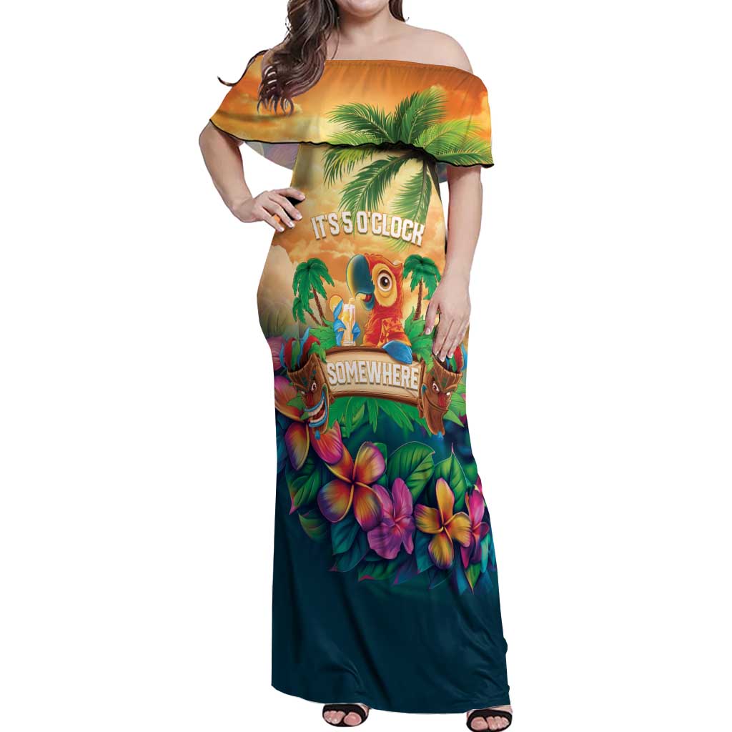 5 Oclock Somewhere Personalized Off Shoulder Maxi Dress Hawaii Parrots Plumeria Summer Vibe - Polynesian Pride