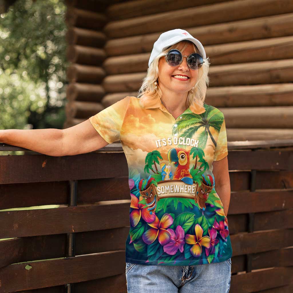 5 Oclock Somewhere Personalized Women Polo Shirt Hawaii Parrots Plumeria Summer Vibe - Polynesian Pride