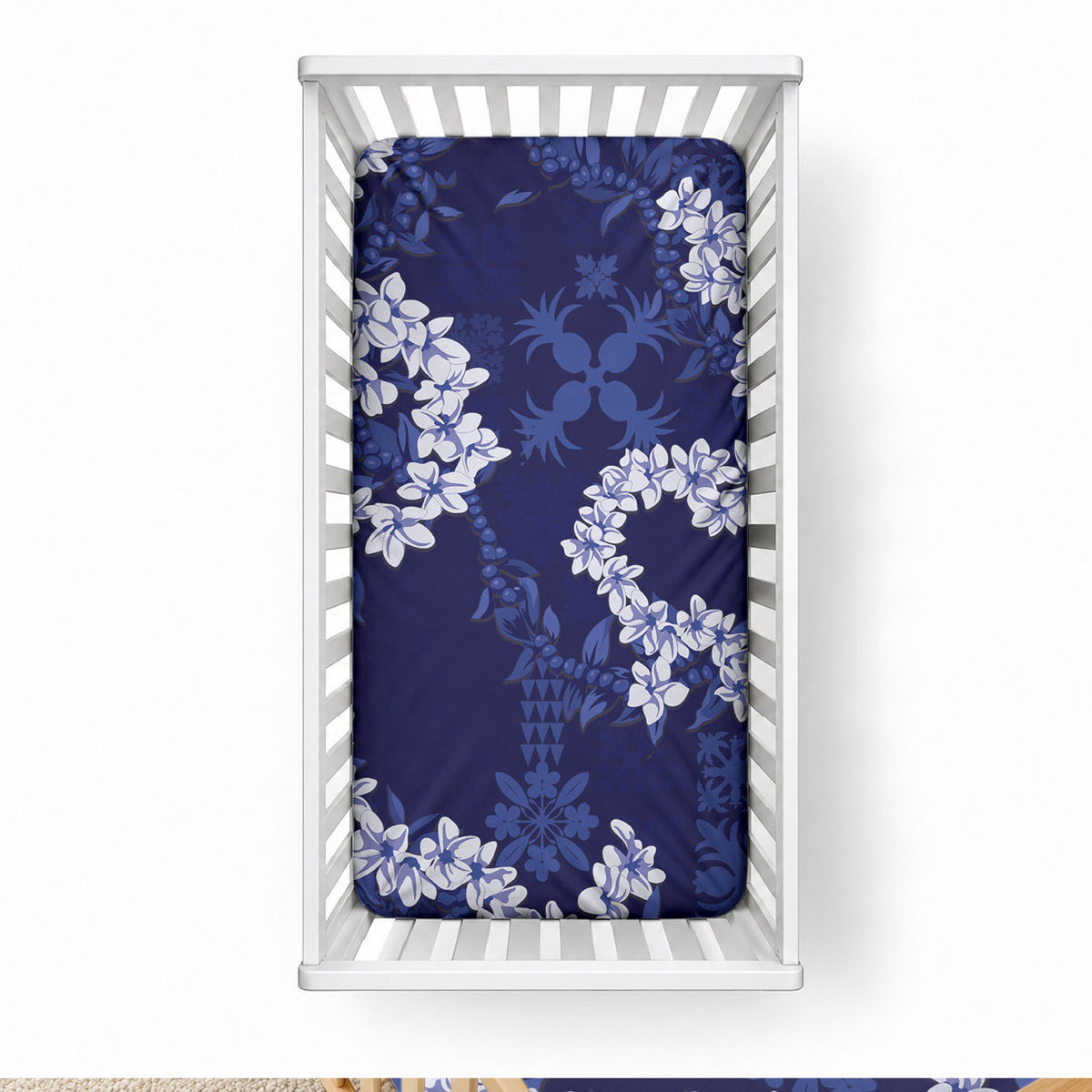 Mokihana Maile and Ilima Leis Baby Bed Cover Uliuli Hawaiian Tapa Quilt Pattern LT9 28 × 52 in Blue - Polynesian Pride