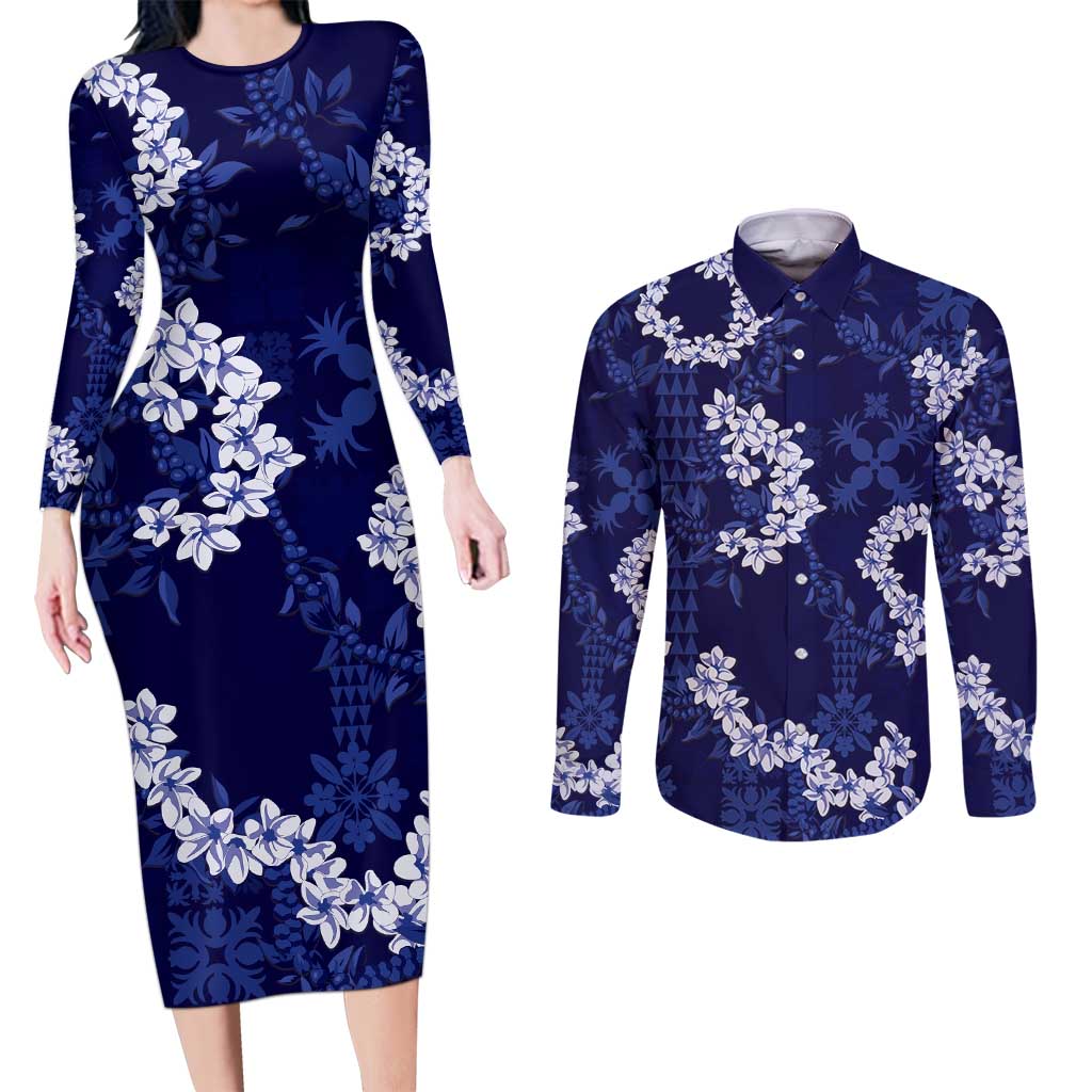 Mokihana Maile and Ilima Leis Couples Matching Long Sleeve Bodycon Dress and Long Sleeve Button Shirt Uliuli Hawaiian Tapa Quilt Pattern - Polynesian Pride