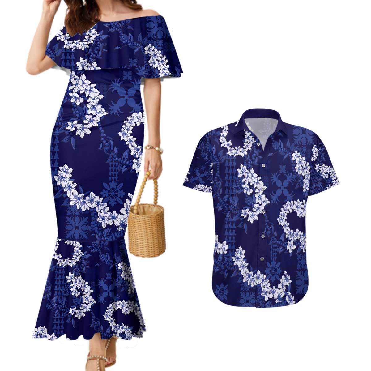 Mokihana Maile and Ilima Leis Couples Matching Mermaid Dress and Hawaiian Shirt Uliuli Hawaiian Tapa Quilt Pattern - Polynesian Pride