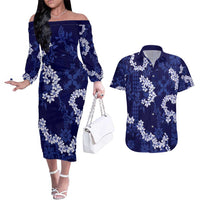 Mokihana Maile and Ilima Leis Couples Matching Off The Shoulder Long Sleeve Dress and Hawaiian Shirt Uliuli Hawaiian Tapa Quilt Pattern LT9 Blue - Polynesian Pride