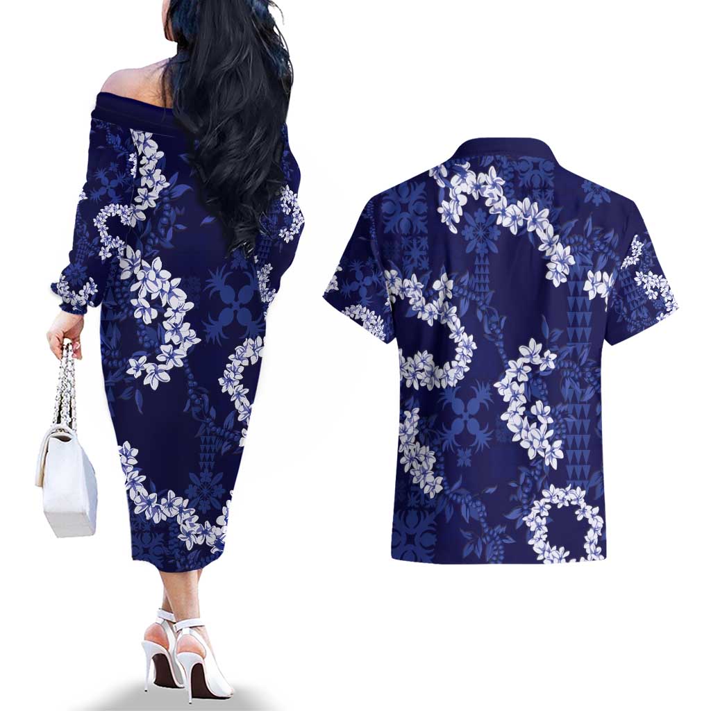 Mokihana Maile and Ilima Leis Couples Matching Off The Shoulder Long Sleeve Dress and Hawaiian Shirt Uliuli Hawaiian Tapa Quilt Pattern LT9 - Polynesian Pride