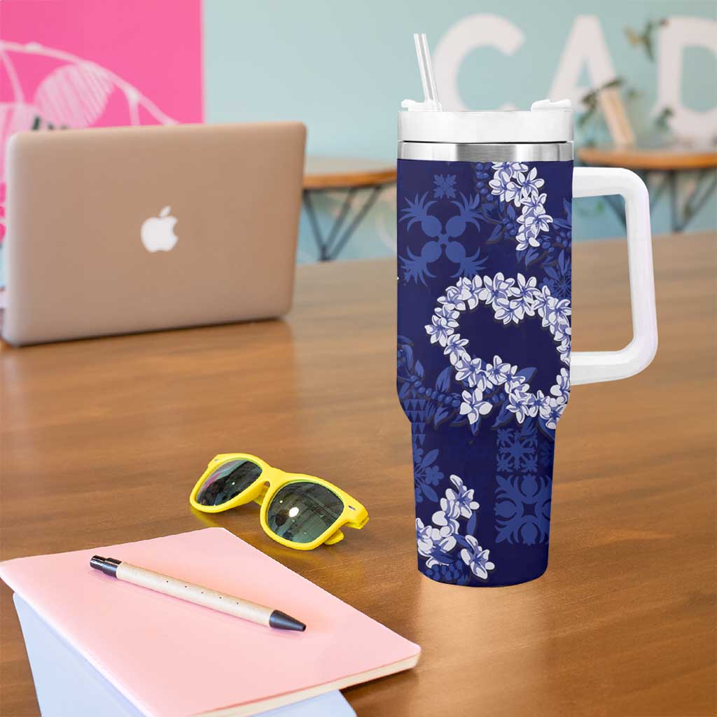Mokihana Maile and Ilima Leis Tumbler With Handle Uliuli Hawaiian Tapa Quilt Pattern - Polynesian Pride