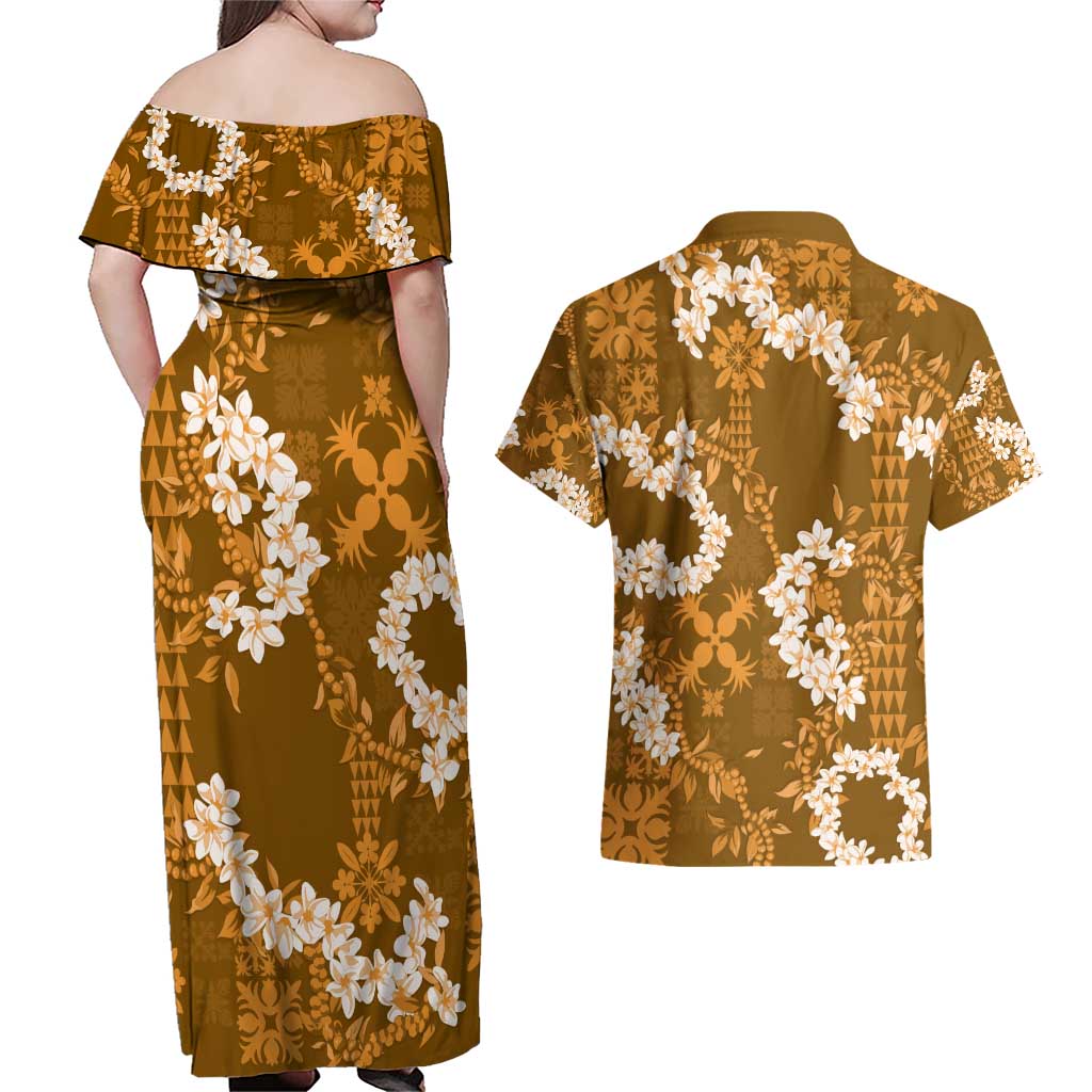 Mokihana Maile and Ilima Leis Couples Matching Off Shoulder Maxi Dress and Hawaiian Shirt Alani Hawaiian Tapa Quilt Pattern - Polynesian Pride