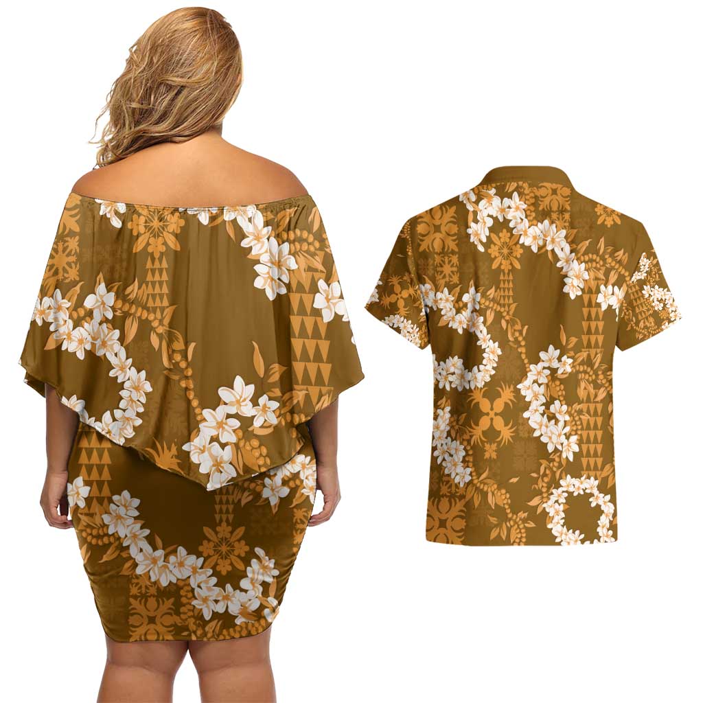 Mokihana Maile and Ilima Leis Couples Matching Off Shoulder Short Dress and Hawaiian Shirt Alani Hawaiian Tapa Quilt Pattern - Polynesian Pride