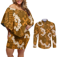 Mokihana Maile and Ilima Leis Couples Matching Off Shoulder Short Dress and Long Sleeve Button Shirt Alani Hawaiian Tapa Quilt Pattern - Polynesian Pride