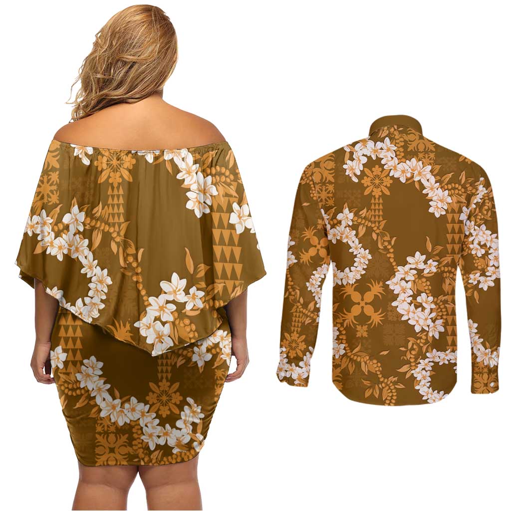 Mokihana Maile and Ilima Leis Couples Matching Off Shoulder Short Dress and Long Sleeve Button Shirt Alani Hawaiian Tapa Quilt Pattern - Polynesian Pride