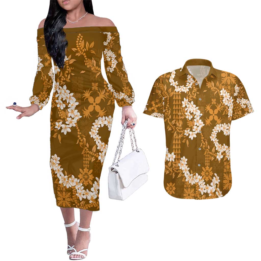 Mokihana Maile and Ilima Leis Couples Matching Off The Shoulder Long Sleeve Dress and Hawaiian Shirt Alani Hawaiian Tapa Quilt Pattern - Polynesian Pride