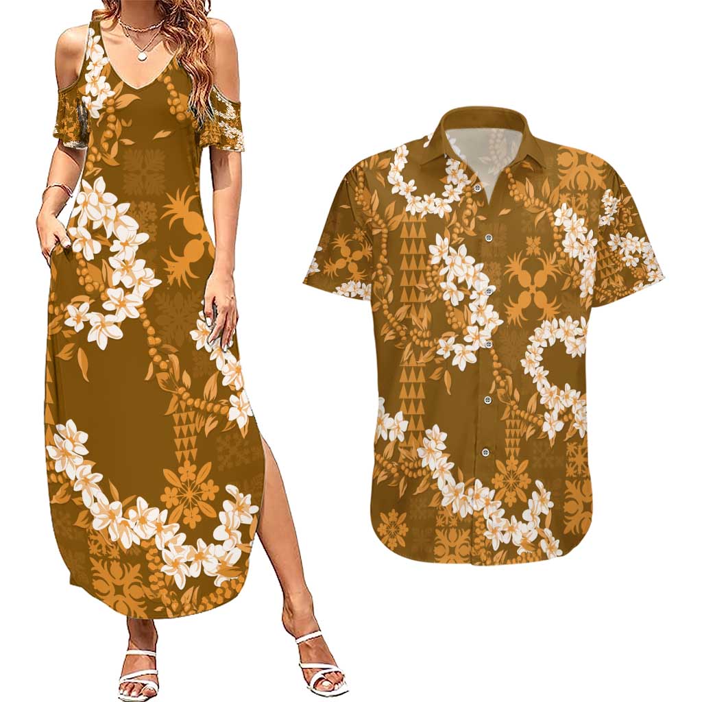 Mokihana Maile and Ilima Leis Couples Matching Summer Maxi Dress and Hawaiian Shirt Alani Hawaiian Tapa Quilt Pattern - Polynesian Pride