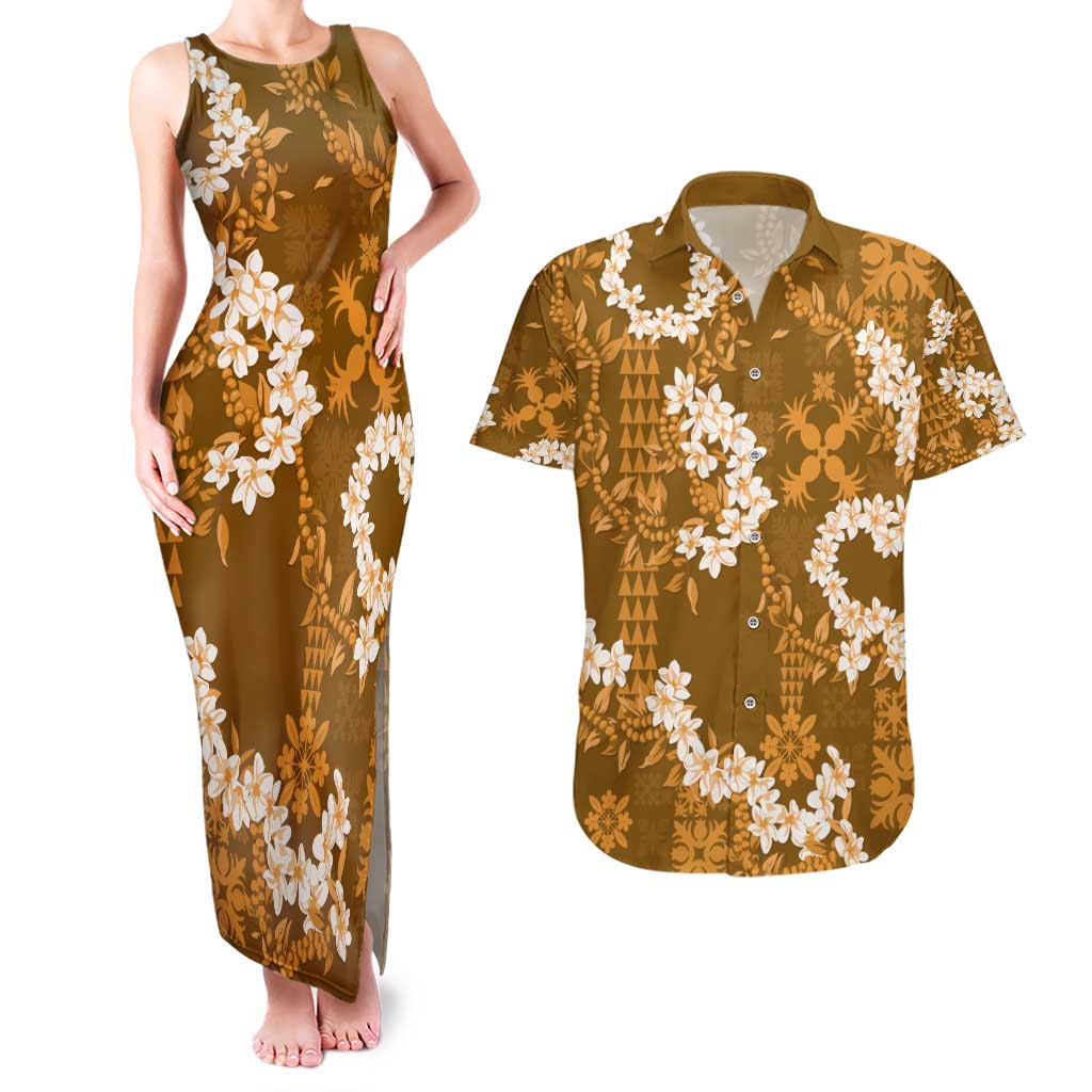 Mokihana Maile and Ilima Leis Couples Matching Tank Maxi Dress and Hawaiian Shirt Alani Hawaiian Tapa Quilt Pattern - Polynesian Pride