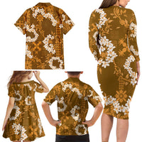 Mokihana Maile and Ilima Leis Family Matching Long Sleeve Bodycon Dress and Hawaiian Shirt Alani Hawaiian Tapa Quilt Pattern - Polynesian Pride
