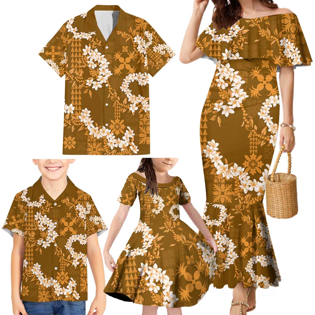 Mokihana Maile and Ilima Leis Family Matching Mermaid Dress and Hawaiian Shirt Alani Hawaiian Tapa Quilt Pattern - Polynesian Pride