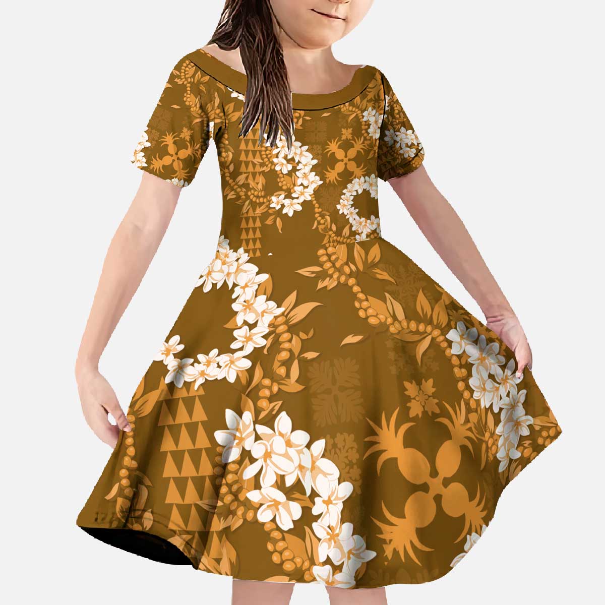 Mokihana Maile and Ilima Leis Family Matching Off The Shoulder Long Sleeve Dress and Hawaiian Shirt Alani Hawaiian Tapa Quilt Pattern - Polynesian Pride