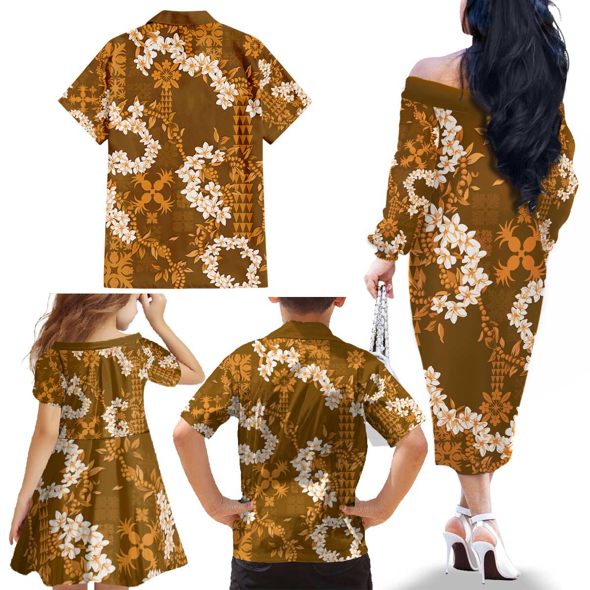 Mokihana Maile and Ilima Leis Family Matching Off The Shoulder Long Sleeve Dress and Hawaiian Shirt Alani Hawaiian Tapa Quilt Pattern - Polynesian Pride