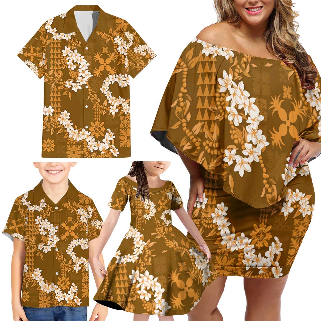 Mokihana Maile and Ilima Leis Family Matching Off Shoulder Short Dress and Hawaiian Shirt Alani Hawaiian Tapa Quilt Pattern - Polynesian Pride
