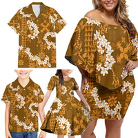 Mokihana Maile and Ilima Leis Family Matching Off Shoulder Short Dress and Hawaiian Shirt Alani Hawaiian Tapa Quilt Pattern - Polynesian Pride