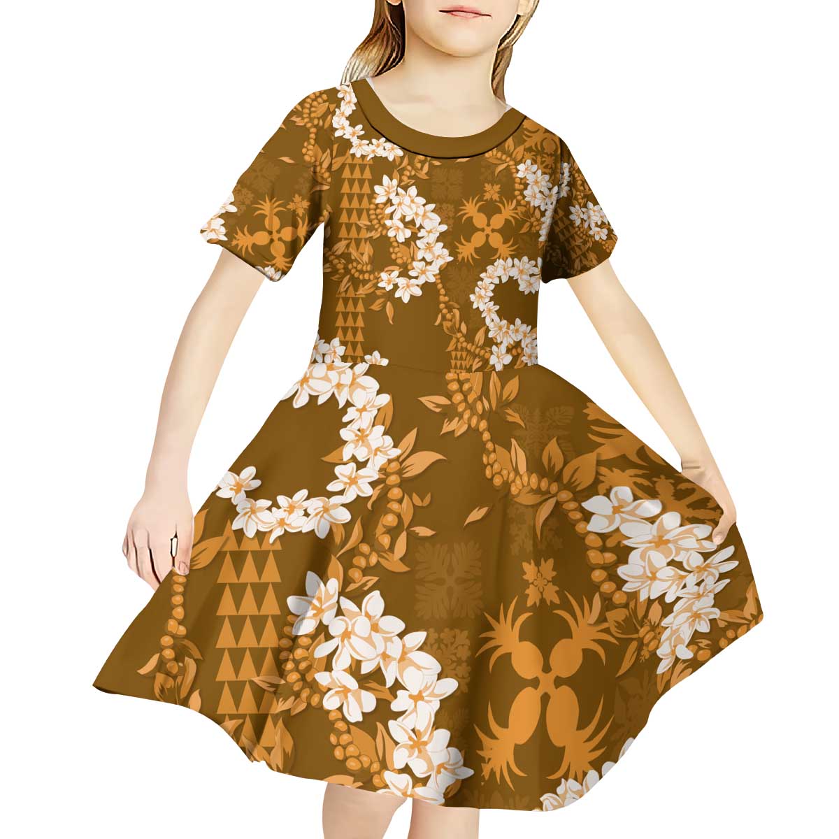 Mokihana Maile and Ilima Leis Kid Short Sleeve Dress Alani Hawaiian Tapa Quilt Pattern - Polynesian Pride