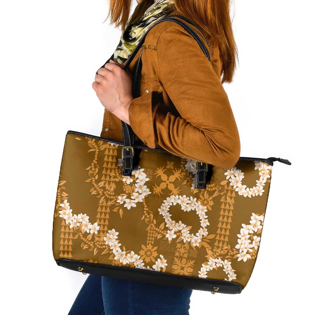 Mokihana Maile and Ilima Leis Leather Tote Bag Alani Hawaiian Tapa Quilt Pattern - Polynesian Pride