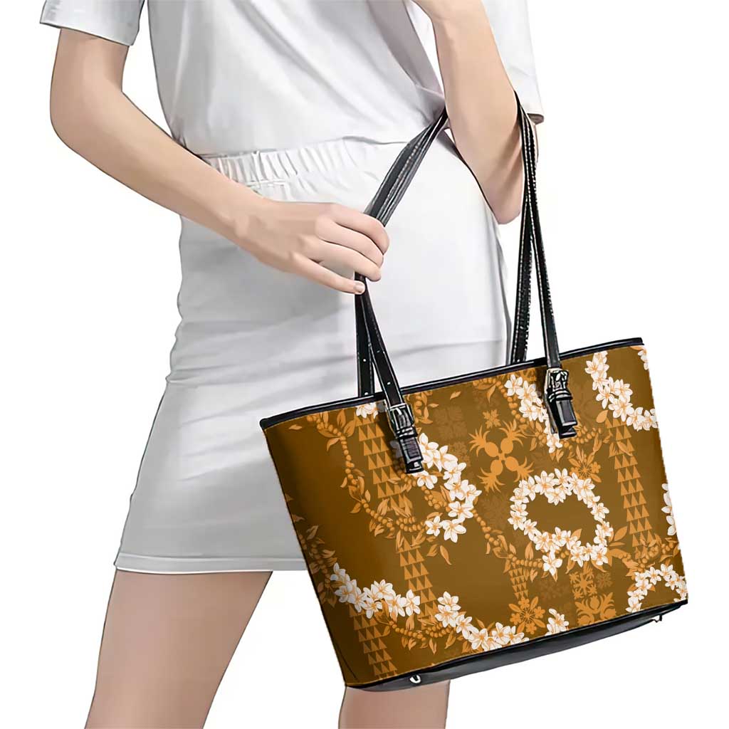 Mokihana Maile and Ilima Leis Leather Tote Bag Alani Hawaiian Tapa Quilt Pattern - Polynesian Pride