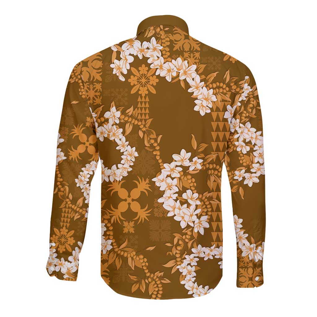 Mokihana Maile and Ilima Leis Long Sleeve Button Shirt Alani Hawaiian Tapa Quilt Pattern - Polynesian Pride
