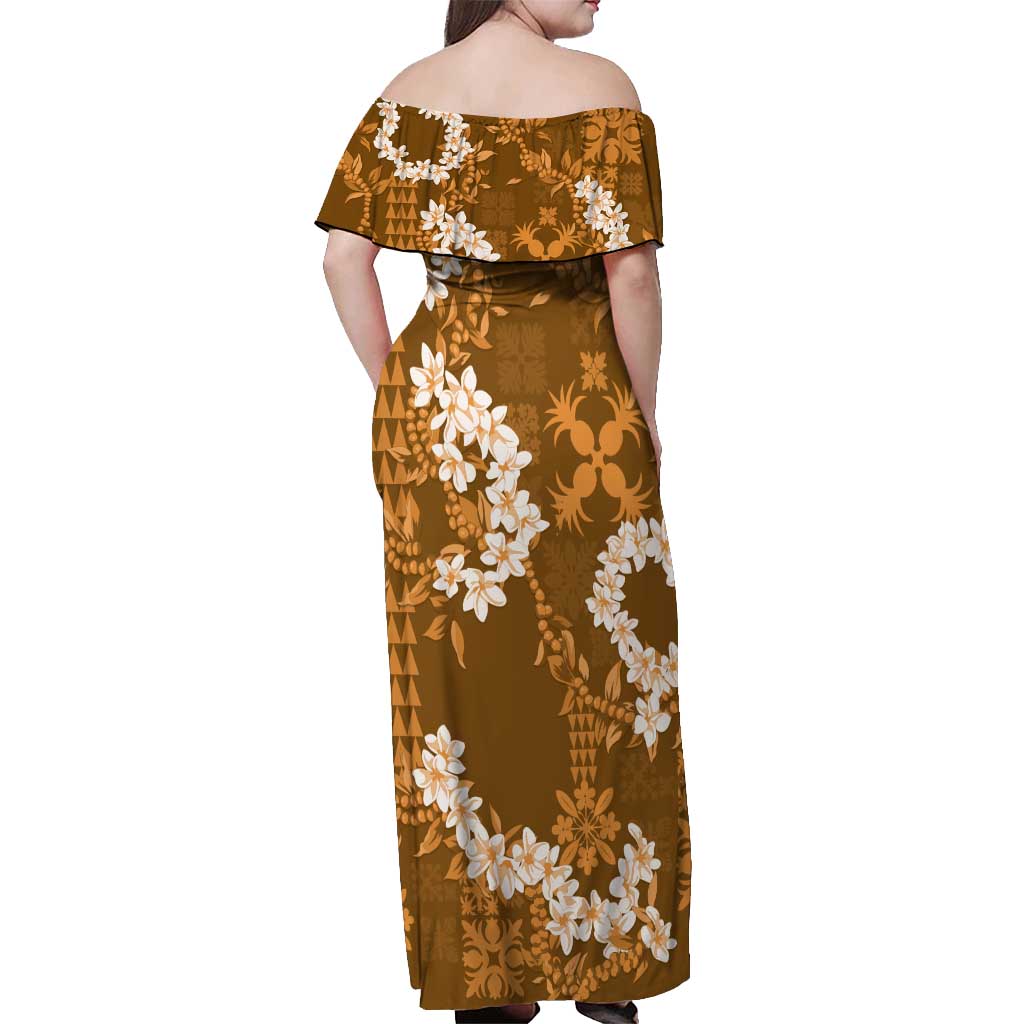 Mokihana Maile and Ilima Leis Off Shoulder Maxi Dress Alani Hawaiian Tapa Quilt Pattern - Polynesian Pride