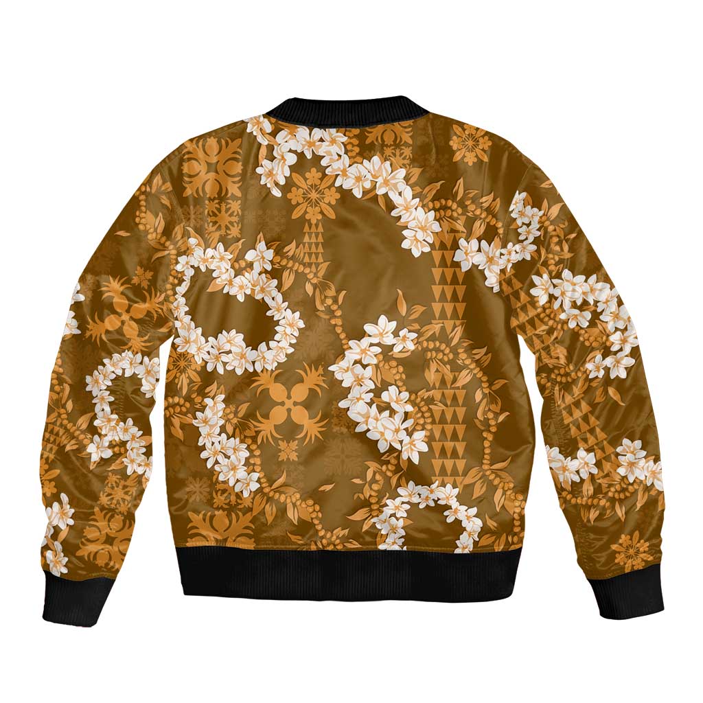 Mokihana Maile and Ilima Leis Sleeve Zip Bomber Jacket Alani Hawaiian Tapa Quilt Pattern - Polynesian Pride